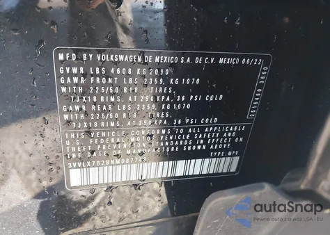 2022 Volkswagen Taos 1.5T Se z USA, uszkodzony, nr VIN 3VVLX7B28NM087748